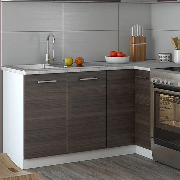 Vicco Eckküche Rick Edelgrau/Weiß, AP Marmor - B x T: 190 x 60 cm, Edelgrau, Ohne Elektrogeräte - Eckküchenzeile mit dunklen Holzdekor-Unterschränken, integrierter Spüle und heller Arbeitsplatte.