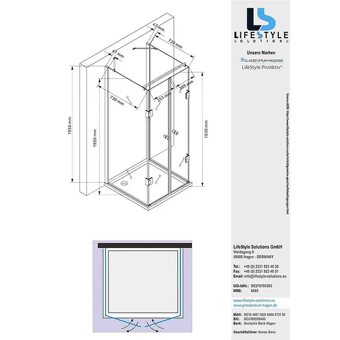 Glaszentrum Hagen U-Duschkabine 80x80x80x195 cm Ares U-Duschkabine Weiß - Imprägniert, Farblos - Technische Zeichnung einer Glas-Eckduschkabine mit Metallrahmen und Maßangaben.