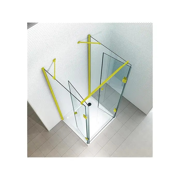 Glaszentrum Hagen U-Duschkabine 80x80x80x195 cm Ares U-Duschkabine GOLD - Imprägniert, Farblos - Eckduschkabine mit klaren Glaspaneelen und leuchtend gelben Rahmen/Stützen, in einem gefliesten Bad installiert.