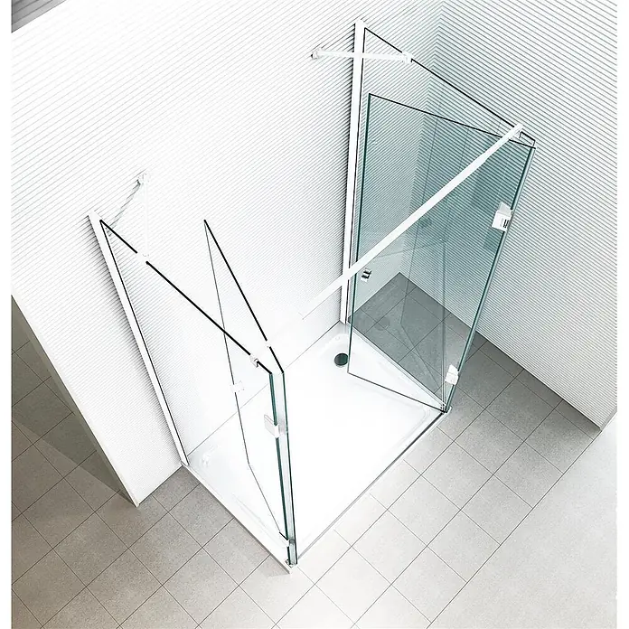 Glaszentrum Hagen U-Duschkabine 75x80x75x180cm Ares U-Duschkabine Weiß - Imprägniert, Farblos - Offene Duschkabine aus Klarglas mit weißen Rahmen und weißer Duschwanne, in einem modernen Fliesenbad installiert.