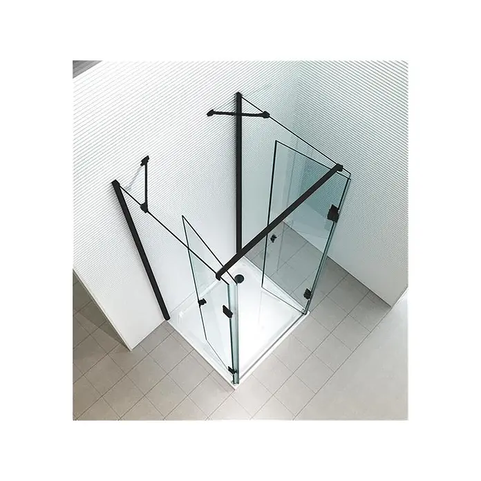 Glaszentrum Hagen U-Duschkabine 80x80x80x180 cm Ares U-Duschkabine Schwarz - Imprägniert, Farblos - Moderne schwarze Glas-Eckdusche mit weißer Duschwanne, in einem gefliesten Badezimmer installiert.