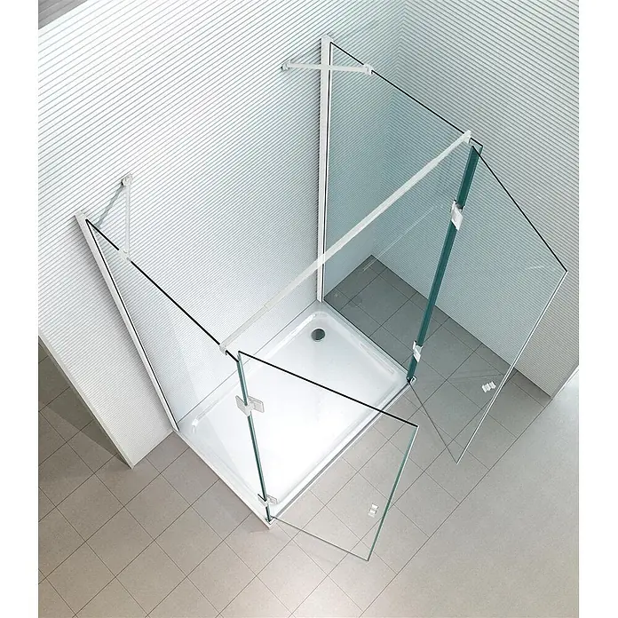 Glaszentrum Hagen U-Duschkabine 75x80x75x180cm Ares U-Duschkabine Weiß - Imprägniert, Farblos - Eckduschkabine aus Glas mit weißer Duschwanne und geöffneten Türen im gefliesten Bad.