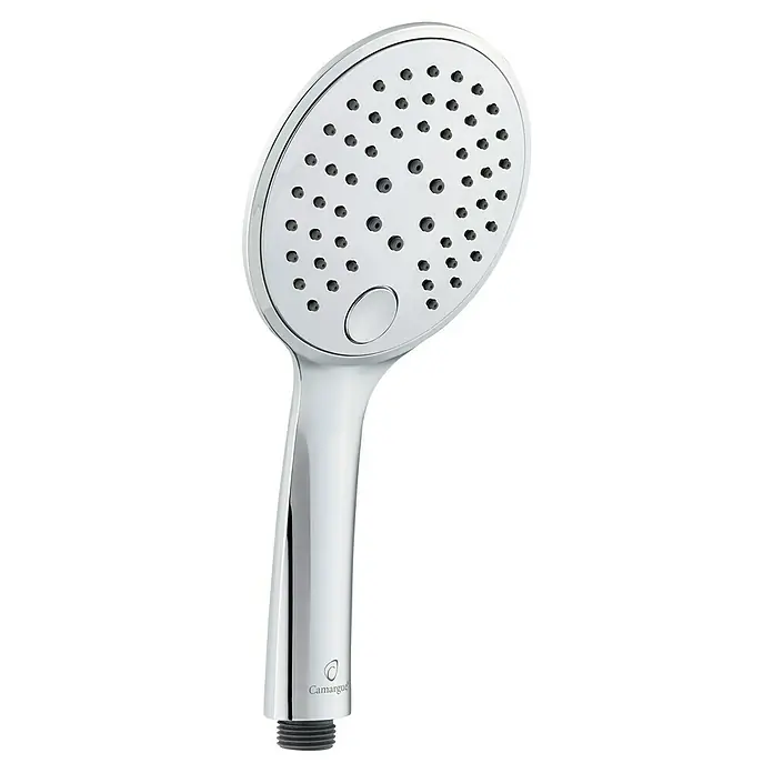Camargue Handbrause Kjos - Anzahl Funktionen: 3 Stk., Chrom - Chromfarbener Handbrausekopf mit ovalem Kopf und grauer Basis.