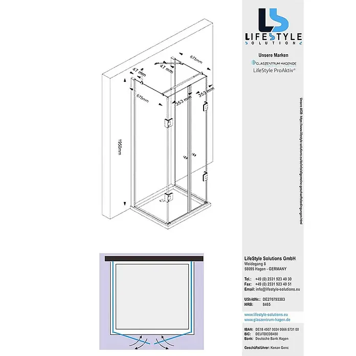 Glaszentrum Hagen U-Duschkabine 75x80x75x195 cm Ares U-Duschkabine Weiß - Imprägniert, Farblos - Technische Zeichnung einer Glasduschkabine mit Maßen und Pendeltüren.