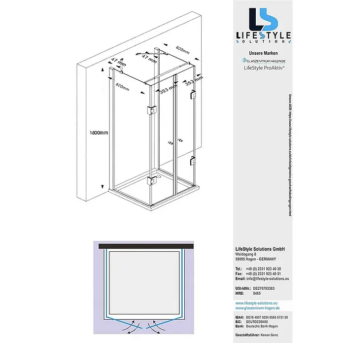 Glaszentrum Hagen U-Duschkabine 90x80x90x180 cm Ares U-Duschkabine Schwarz - Imprägniert, Farblos - Duschkabine aus Glas mit Chromrahmen, Maße 1800x820mm, mit nach außen öffnenden Türen.
