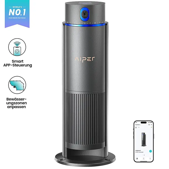 Aiper Bewässerungs-Set Irrisense 2 - Passend für: bis zu 445 m² Rasenfläche - Grauer zylindrischer smarter Bewässerungscontroller mit blauem LED-Ring, „AIPER“-Logo und gerippter Basis.