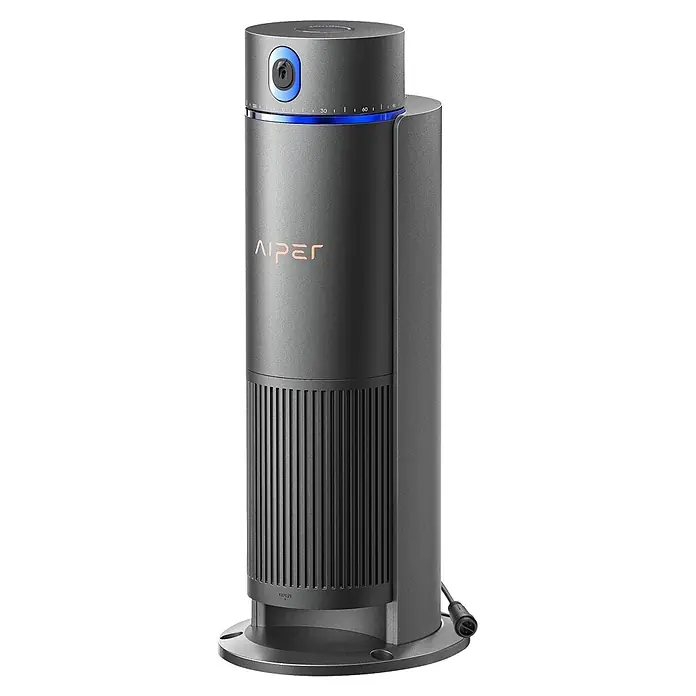 Aiper Bewässerungs-Set Irrisense 2 - Passend für: bis zu 445 m² Rasenfläche - Dunkelgraue Aiper Smart-Überwachungskamera mit drehbarem Kopf, blauem Lichtring, Winkelmarkierungen und Lüftungsschlitzen.