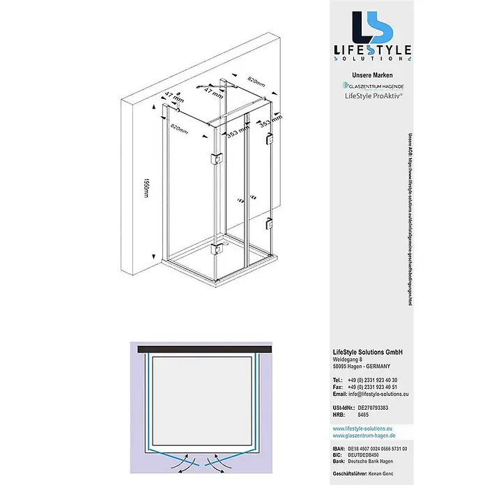 Glaszentrum Hagen U-Duschkabine 90x80x90x180 cm Ares U-Duschkabine GOLD - Imprägniert, Farblos - Technische Zeichnung einer Glasduschkabine mit silbernem Rahmen, mit Maßen wie 1950x820mm.