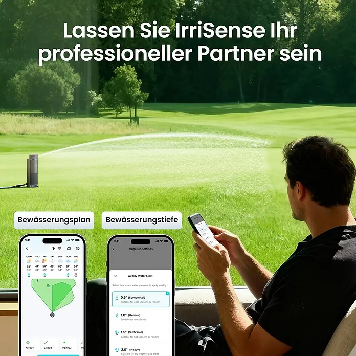 Aiper Bewässerungs-Set Irrisense 2 - Passend für: bis zu 445 m² Rasenfläche - Mann nutzt Smartphone-App zur Steuerung eines Rasenbewässerungssystems, zeigt Bewässerungsplan und Wassergrenzen.