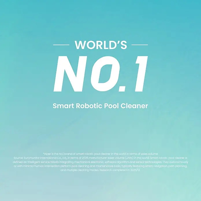 Aiper Bewässerungs-Set Irrisense 2 - Passend für: bis zu 445 m² Rasenfläche - Werbegrafik: 'WORLD'S NO.1 Smart Robotic Pool Cleaner' auf blauem Hintergrund.