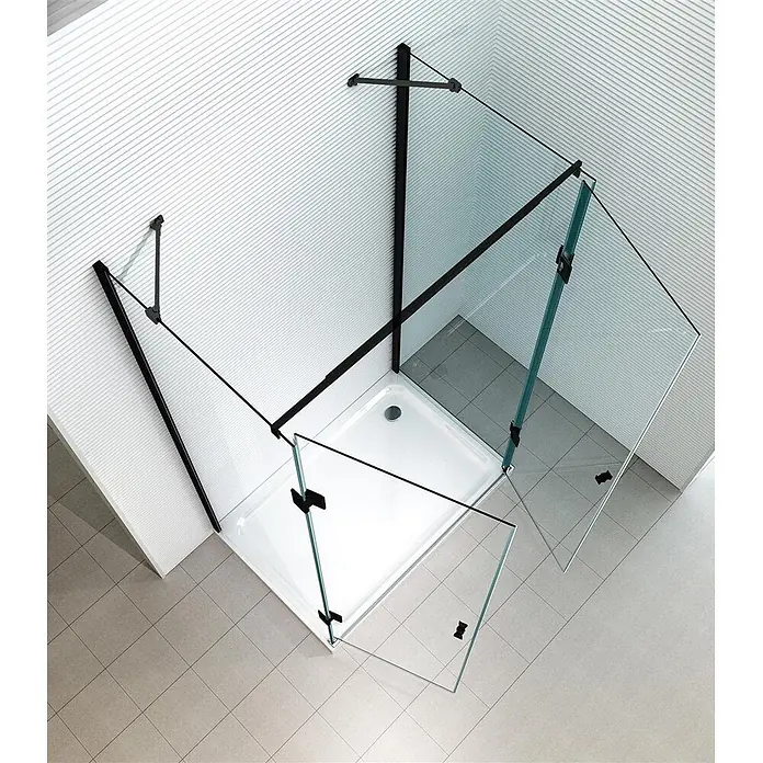 Glaszentrum Hagen U-Duschkabine 90x120x90x195 cm Ares U-Duschkabine Schwarz - Imprägniert, Farblos - Schwarze Eckduschkabine mit Klarglastüren und weißer Duschwanne.