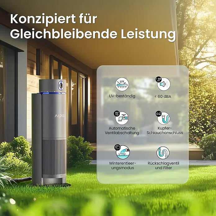 Aiper Bewässerungs-Set Irrisense 2 - Passend für: bis zu 445 m² Rasenfläche - Dunkelgraues Outdoor-Gerät vor Haus, mit Textbeschreibung zu konstanter Leistung und Funktionen.