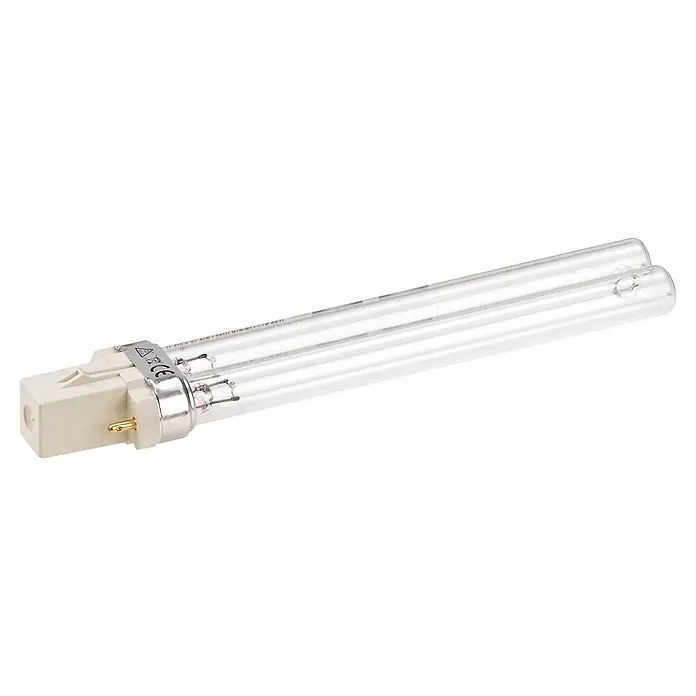 Oase Ersatzlampe Algenstopp UVC - 9 W - Eine klare Doppelrohr-UV-Leuchtstofflampe aus Glas mit weißem Kunststoffsockel und Metallstiften.