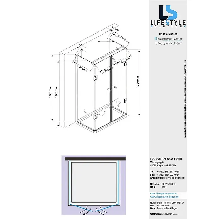 Glaszentrum Hagen U-Duschkabine 75x100x75x180 cm Ares U-Duschkabine GOLD - Imprägniert, Farblos - Technische Zeichnung einer Duschkabine aus Klarglas mit Chrombeschlägen, inklusive Maßen.