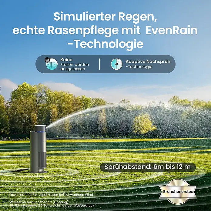 Aiper Bewässerungs-Set Irrisense 2 - Passend für: bis zu 445 m² Rasenfläche - Ein dunkelgrauer zylindrischer Rasensprenger bewässert eine grüne Rasenfläche.