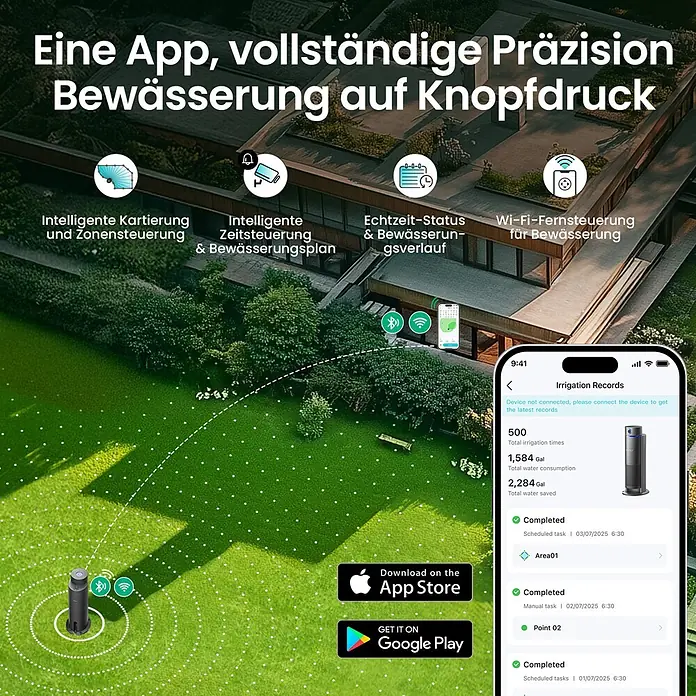 Aiper Bewässerungs-Set Irrisense 2 - Passend für: bis zu 445 m² Rasenfläche - Schwarzer smarter Rasensprenger, integriert mit einer mobilen App zur präzisen Bewässerungssteuerung und Aufzeichnung.
