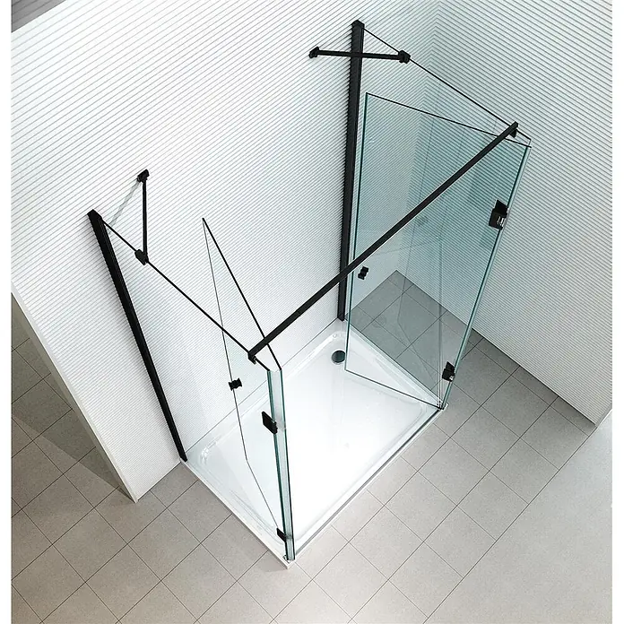 Glaszentrum Hagen U-Duschkabine 75x80x75x180 cm Ares U-Duschkabine Schwarz - Imprägniert, Farblos - Duschkabine aus Glas mit mattschwarzen Profilen und Klarglas auf einer weißen Duschwanne.