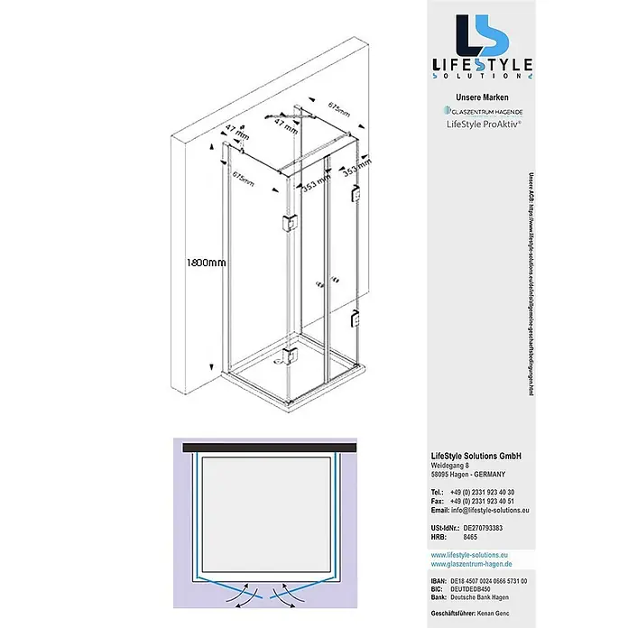 Glaszentrum Hagen U-Duschkabine 75x80x75x180 cm Ares U-Duschkabine - Imprägniert, Farblos - Klarglas-Duschkabine mit chromfarbenen Profilen und Griffen, detailreiche Bemaßungen für die Installation.