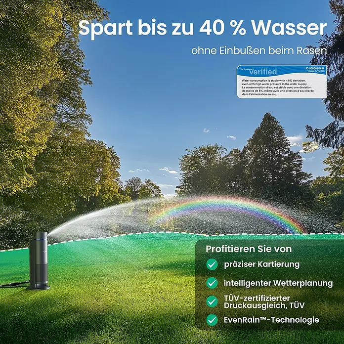 Aiper Bewässerungs-Set Irrisense 2 - Passend für: bis zu 445 m² Rasenfläche - Schwarzer Smart-Sprinkler bewässert effizient einen grünen Rasen.