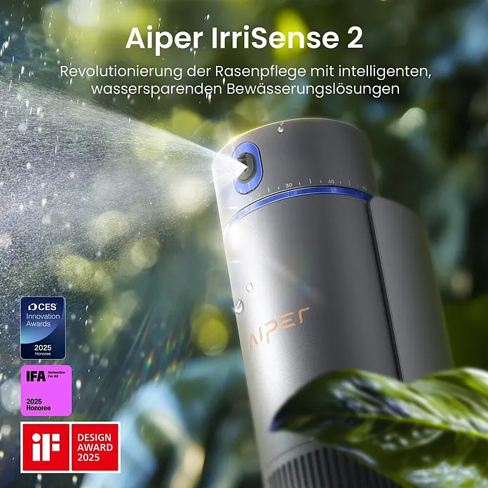 Aiper Bewässerungs-Set Irrisense 2 - Passend für: bis zu 445 m² Rasenfläche - Dunkelgrauer Aiper IrriSense 2 Smart-Rasensprenger mit blauen Akzenten, der Wasser für intelligente, wassersparende Rasenpflege versprüht.