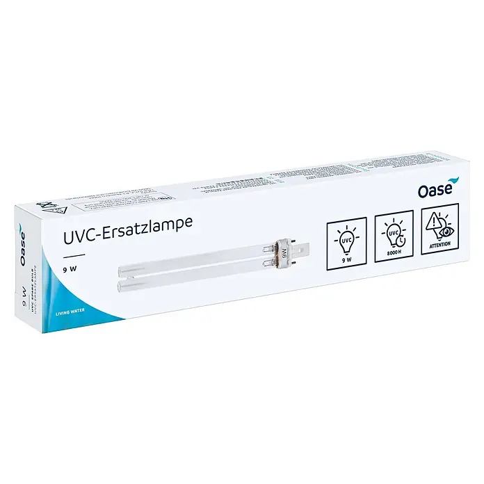 Oase Ersatzlampe Algenstopp UVC - 18 W - Oase UVC-Ersatzlampe 9W M6 im weißen Karton, mit 8000H Lebensdauer und UVC-Warnhinweis.