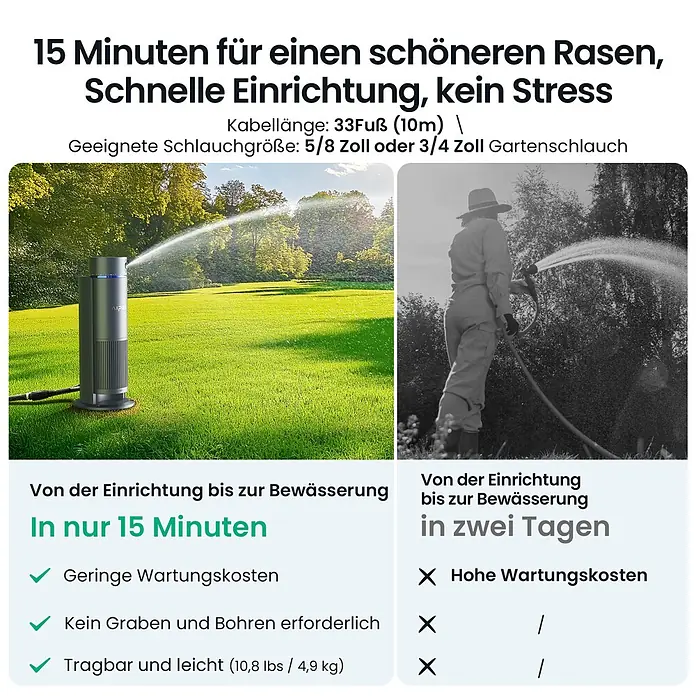 Aiper Bewässerungs-Set Irrisense 2 - Passend für: bis zu 445 m² Rasenfläche - Ein moderner, grauer Rasensprenger bewässert eine Wiese; daneben wird manuell mit einem Schlauch gegossen, um die Effizienz des Geräts zu zeigen.