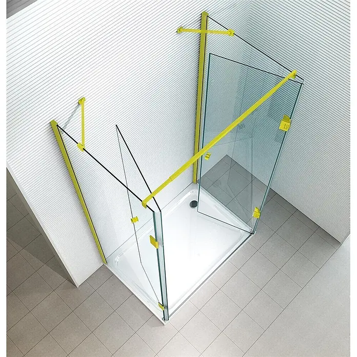 Glaszentrum Hagen U-Duschkabine 75x80x75x195 cm Ares U-Duschkabine GOLD - Imprägniert, Farblos - Moderne Duschkabine mit klaren Glaswänden und markanten gelben Rahmen auf einer weißen Duschwanne.