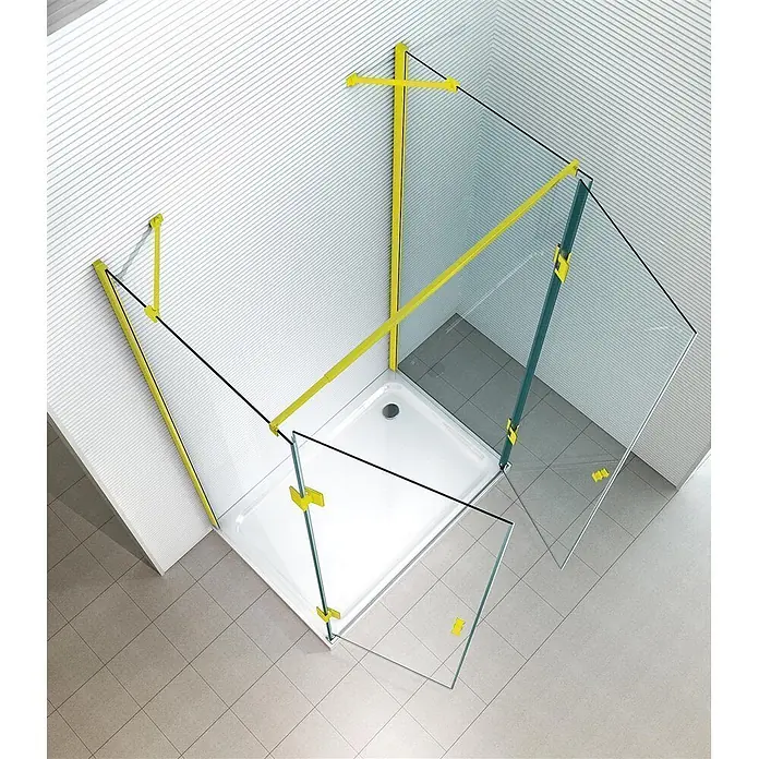 Glaszentrum Hagen U-Duschkabine 75x80x75x195 cm Ares U-Duschkabine GOLD - Imprägniert, Farblos - Glas-Duschkabine mit leuchtend gelben Profilen und weißer Duschwanne. Die Tür ist geöffnet.