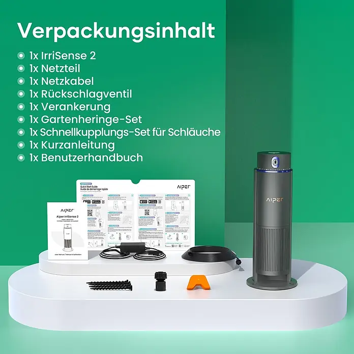 Aiper Bewässerungs-Set Irrisense 2 - Passend für: bis zu 445 m² Rasenfläche - Inhalt des Aiper IrriSense 2 Bewässerungssystems: dunkelgraues Gerät, Netzteil, Kabel, Anleitungen und Installationszubehör.