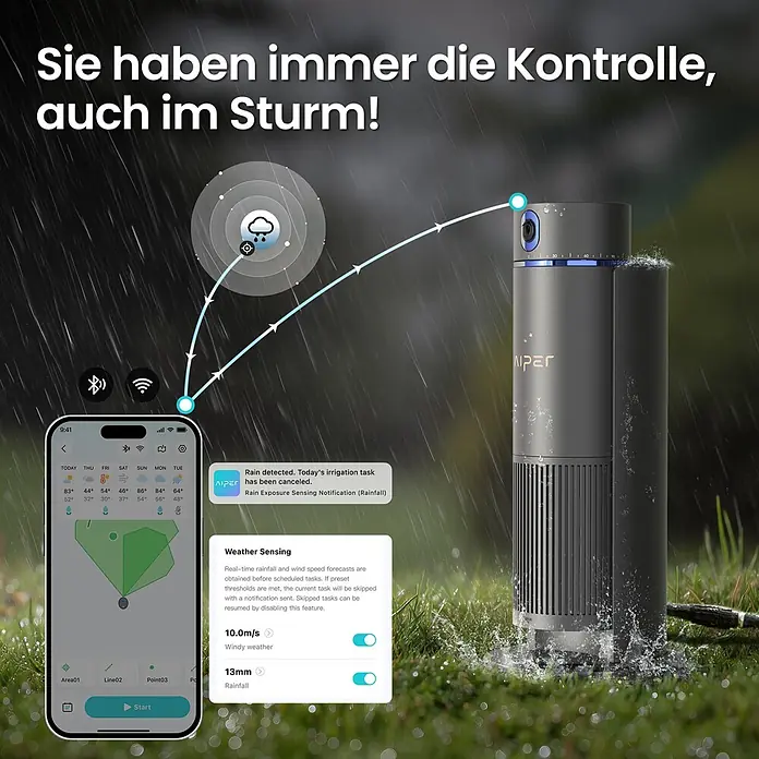 Aiper Bewässerungs-Set Irrisense 2 - Passend für: bis zu 445 m² Rasenfläche - Ein dunkelgrauer, smarter Bewässerungscontroller steht im Regen in einem Garten und interagiert mit einer App, die die Bewässerung bei Regen abbricht.