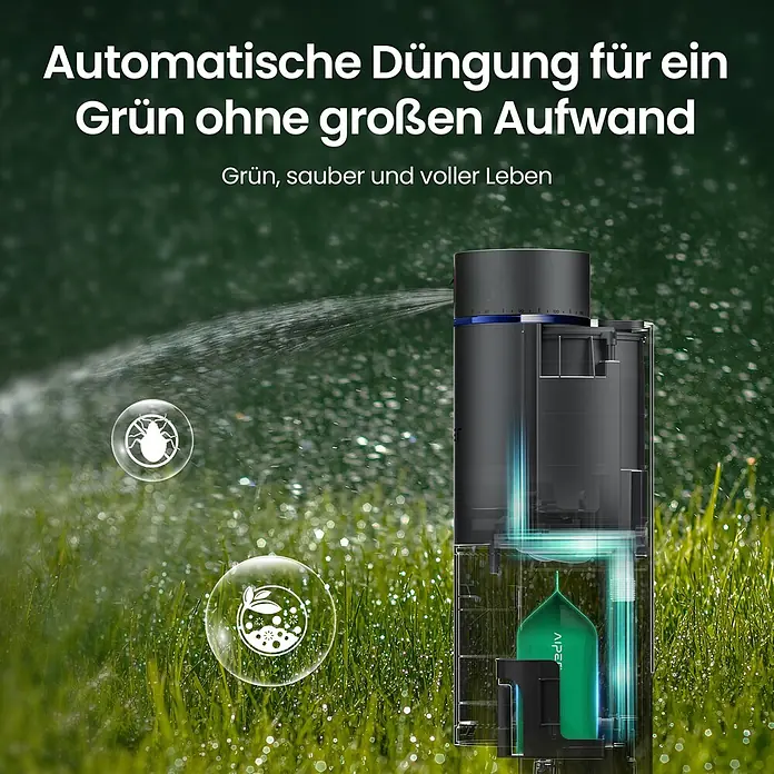 Aiper Bewässerungs-Set Irrisense 2 - Passend für: bis zu 445 m² Rasenfläche - Automatischer Rasendünger-Sprüher, schwarz-transparent, mit grünem Reservoir, bewässert und düngt den Rasen.