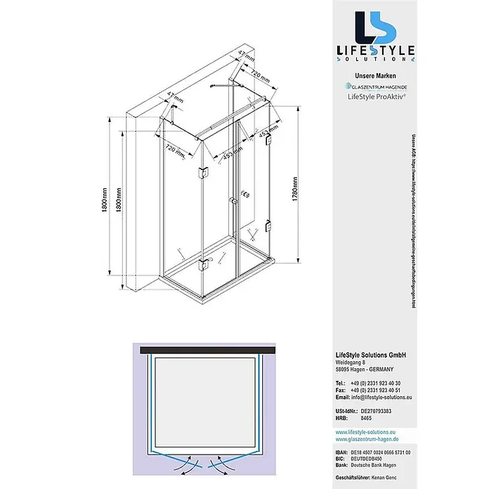 Glaszentrum Hagen U-Duschkabine 80x100x80x180 cm Ares U-Duschkabine - Imprägniert, Farblos - Technische Zeichnung einer transparenten Glasdusche mit Maßen.