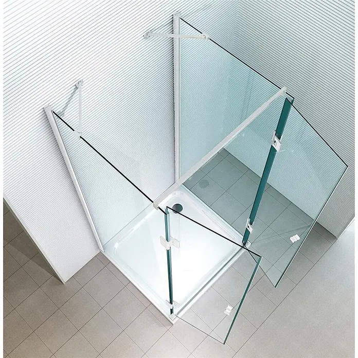 Glaszentrum Hagen U-Duschkabine 80x80x80x195 cm Ares U-Duschkabine Weiß - Imprägniert, Farblos - Eckige Glasduschkabine mit weißen Profilen und Wanne, eine Tür offen.