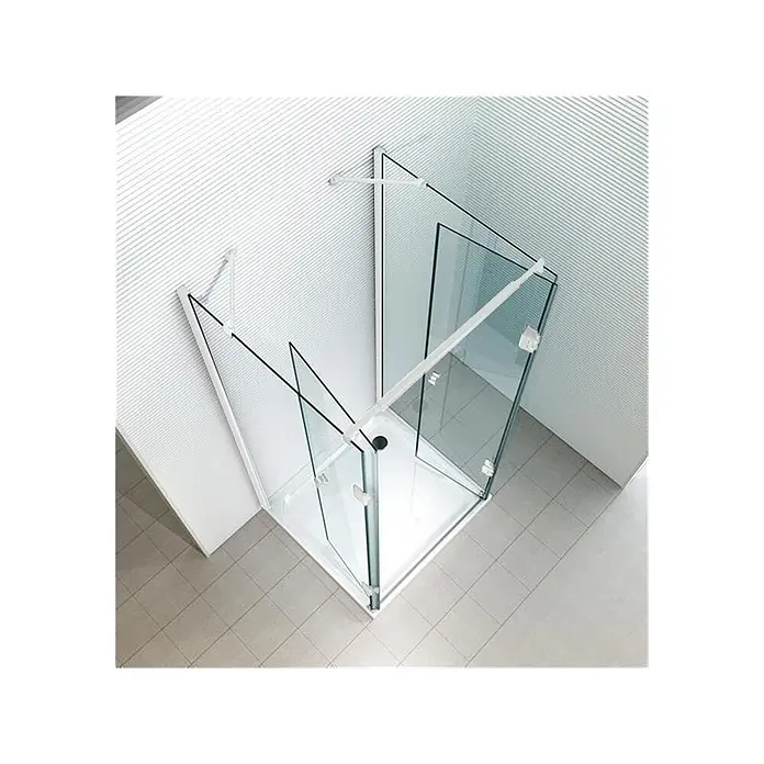 Glaszentrum Hagen U-Duschkabine 80x80x80x195 cm Ares U-Duschkabine Weiß - Imprägniert, Farblos - Eckduschkabine aus Glas mit weißen Profilen und Wanne, von oben mit geöffneten Elementen gesehen.