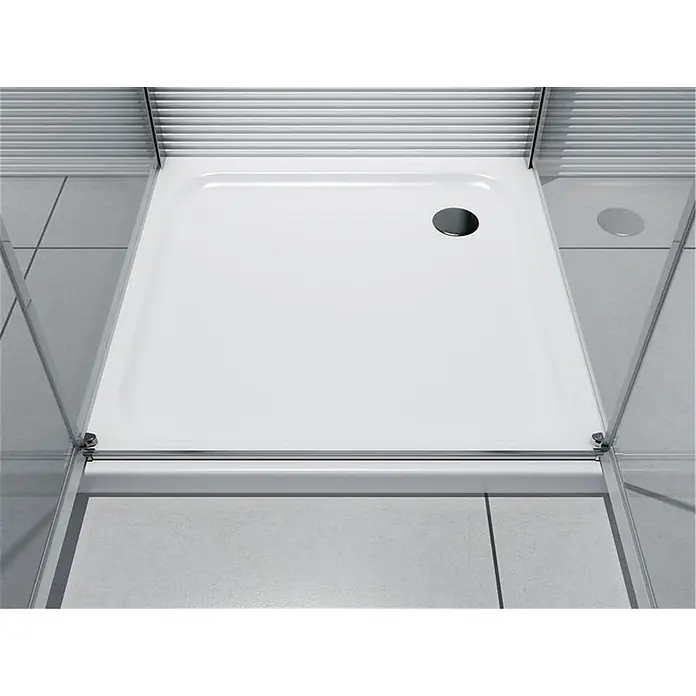 Glaszentrum Hagen U-Duschkabine 75x80x75x180 cm Ares U-Duschkabine - Imprägniert, Farblos - Weißer rechteckiger Duschwanne mit Abfluss, in einer Duschkabine installiert.