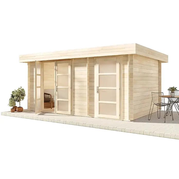 Alpholz Gartenhaus Modern E - Außenmaß inkl. Dachüberstand (B x T): 490 x 340 cm, Holz, Naturbelassen - Helles Holz-Gartenhaus mit Flachdach, zwei Doppeltüren mit großen Milchglasfenstern und kleinem Terrassenbereich.