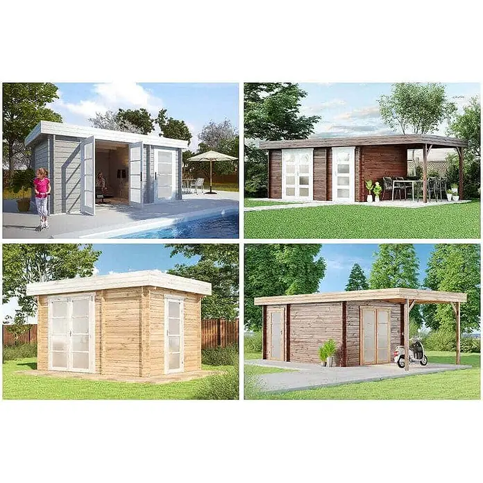 Alpholz Gartenhaus Modern E - Außenmaß inkl. Dachüberstand (B x T): 490 x 340 cm, Holz, Naturbelassen - Vier Holzgartenhäuser in Natur-, Grau- und Dunkelbrauntönen, mit verschiedenen Tür- und Verandadesigns.