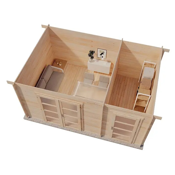 Alpholz Gartenhaus Modern E - Außenmaß inkl. Dachüberstand (B x T): 490 x 340 cm, Holz, Naturbelassen - Holzhütte für den Garten mit vielseitigem Innenraum (Lounge, Büro, Abstellraum) und Glastüren.