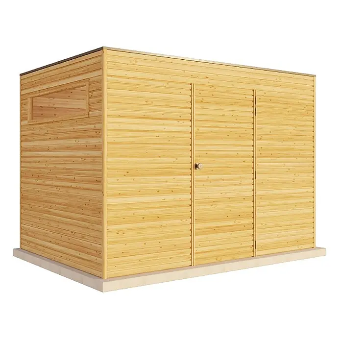 Alpholz Gartenhaus QB - Außenmaß inkl. Dachüberstand (B x T): 300 x 210 cm, Holz, Braun - Heller Holzschuppen mit Flachdach, horizontaler Verkleidung, einem Fenster und Doppeltüren auf Betonfundament.