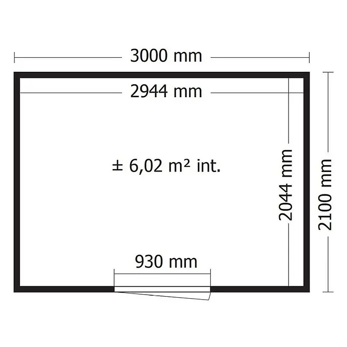 Alpholz Gartenhaus QB - Außenmaß inkl. Dachüberstand (B x T): 300 x 210 cm, Holz, Braun - Grundriss mit Außenmaßen 3000x2100 mm, Innenmaßen 2944x2044 mm und 6,02 m² Innenfläche.