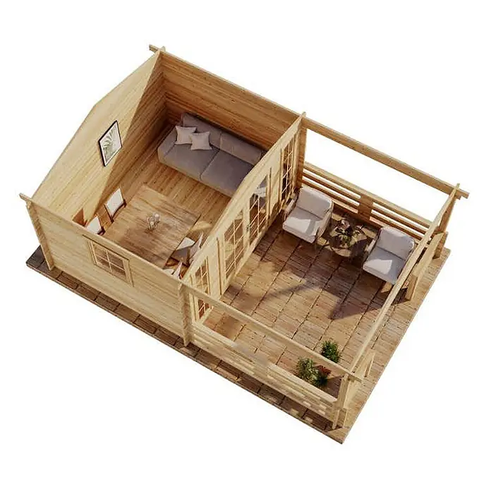 Alpholz Gartenhaus Lappland B - Außenmaß inkl. Dachüberstand (B x T): 410 x 594 cm, Holz, Naturbelassen - Luftaufnahme einer hellen Holzblockhütte mit offenem Wohnbereich und Essplatz, verbunden mit einer überdachten Veranda mit Sitzgelegenheiten.