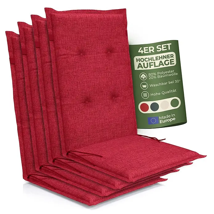 BI International Sitzauflage Florence Hochlehner Auflage - Hochlehner, 4 Stk., L x B x H: 150 x 50 x 5 cm, Mischgewebe 65% Polyester, 35% Baumwolle, Rot - Vier rote Hochlehner-Auflagen aus einem Polyester-Baumwolle-Mischgewebe, mit strukturierter Oberfläche.