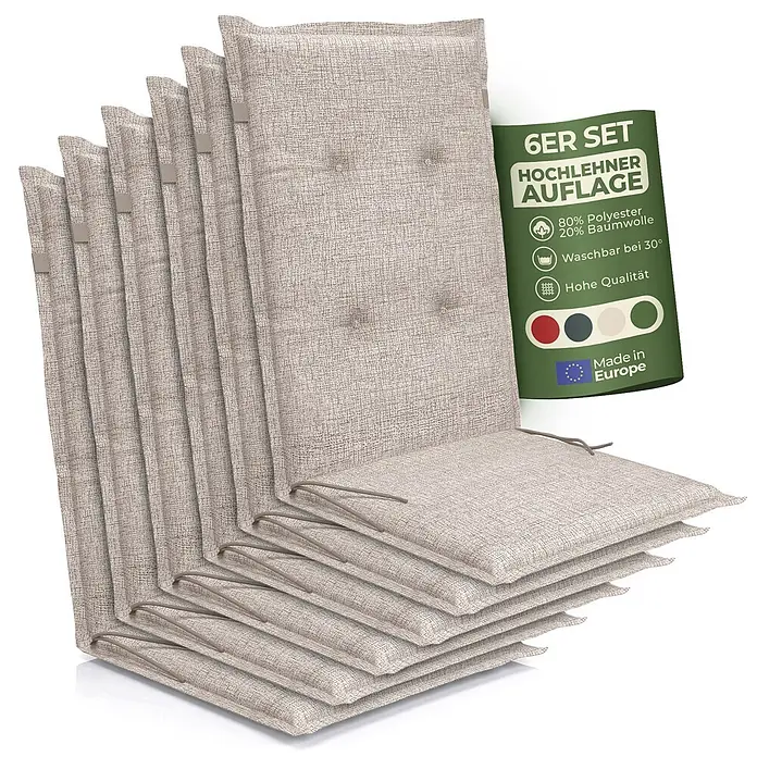 BI International Sitzauflage Florence Hochlehner Auflage - Hochlehner, 6 Stk., L x B x H: 150 x 50 x 5 cm, Mischgewebe 65% Polyester, 35% Baumwolle, Beige - Sechs beige Hochlehner-Sitzauflagen mit Leinenoptik, aufgefächert, zeigen geknöpfte Rückenlehnen und Bindebänder.