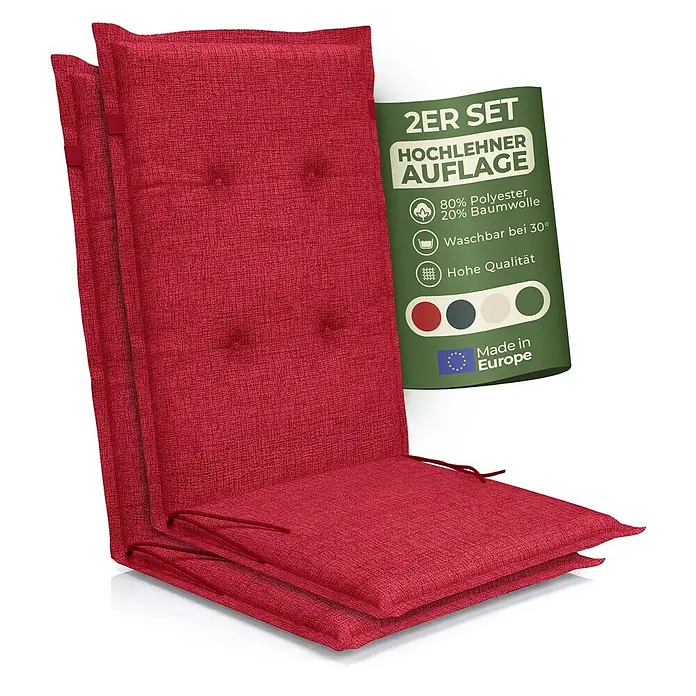 BI International Sitzauflage Florence Hochlehner Auflage - Hochlehner, 2 Stk., L x B x H: 150 x 50 x 5 cm, Mischgewebe 65% Polyester, 35% Baumwolle, Rot - Rotes 2er Set Hochlehner-Auflagen aus Polyester-Baumwoll-Mischgewebe.