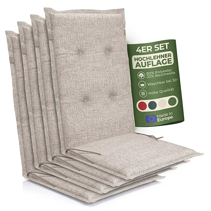 BI International Sitzauflage Florence Hochlehner Auflage - Hochlehner, 4 Stk., L x B x H: 150 x 50 x 5 cm, Mischgewebe 65% Polyester, 35% Baumwolle, Beige - 4er Set hellbeiger Hochlehner-Stuhlauflagen aus Polyester-Baumwoll-Mischung, getuftet mit Bändern.