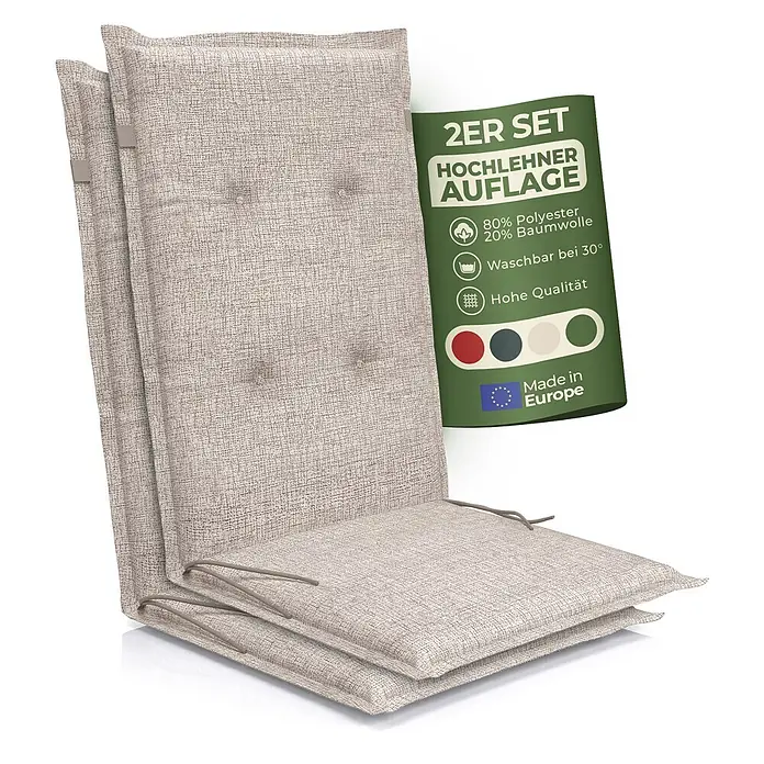 BI International Sitzauflage Florence Hochlehner Auflage - Hochlehner, 2 Stk., L x B x H: 150 x 50 x 5 cm, Mischgewebe 65% Polyester, 35% Baumwolle, Beige - Zwei beige strukturierte Hochlehner-Auflagen mit Bändern und Knopfheftung, gezeigt mit einem Produktinformationsetikett.