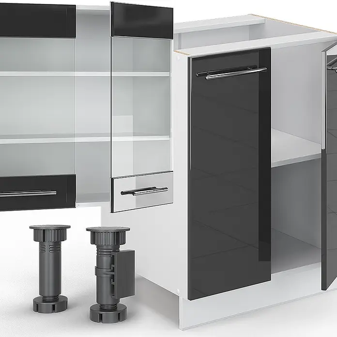 Vicco Küchenzeile Fame-Line Anthrazit Hochglanz mit Hochschrank, ohne Arbeitsplatte - Anthrazit Hochglanz, Ohne Elektrogeräte - Modulare Küchenschränke mit hochglänzenden schwarzen und Glastüren, Chromgriffen und verstellbaren Füßen.