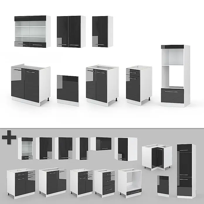 Vicco Küchenzeile Fame-Line Anthrazit Hochglanz/Weiß mit Hochschrank, AP Eiche - Breite: 300 cm, Anthrazit Hochglanz, Ohne Elektrogeräte - Modulare Küchenschränke in Weiß und glänzendem Schwarz, mit verschiedenen Wand- und Unterschränken, Schubladen und Hochschränken.