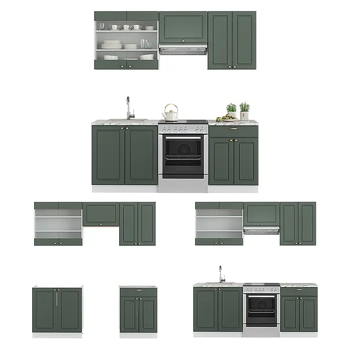 Vicco Küchenzeile Fame-Line Grün-Gold Landhaus/Weiß ohne Arbeitsplatte - Breite: 200 cm, Grün-Gold Landhaus, Ohne Elektrogeräte - Modulares Küchenschrank-Set in Grün für verschiedene Konfigurationen.