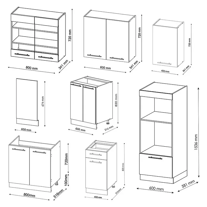 Vicco Küchenzeile Fame-Line Anthrazit Hochglanz mit Hochschrank, ohne Arbeitsplatte - Anthrazit Hochglanz, Ohne Elektrogeräte - Technische Zeichnung verschiedener modularer Küchenschrankelemente, inkl. Wand- und Unterschränke, mit Maßen in Millimetern.